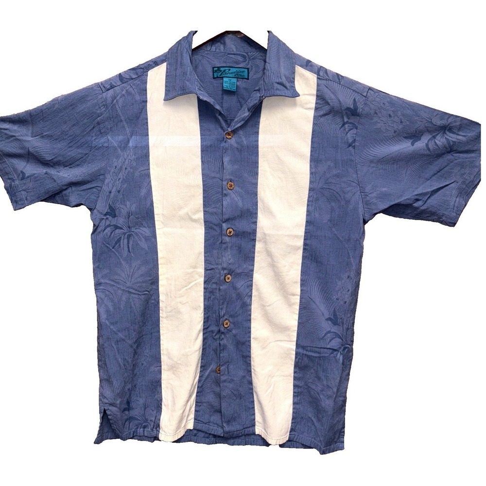 Paradise‎ Blue Hawaiian Bamboo Shirt Men's Size Med Blue Etched Button Up